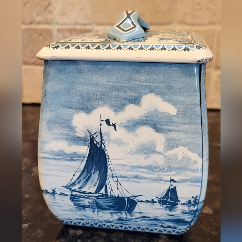 Vintage Blue and Ivory MFM Biscuit or Tea Tin Decorated with Ships and Windmills